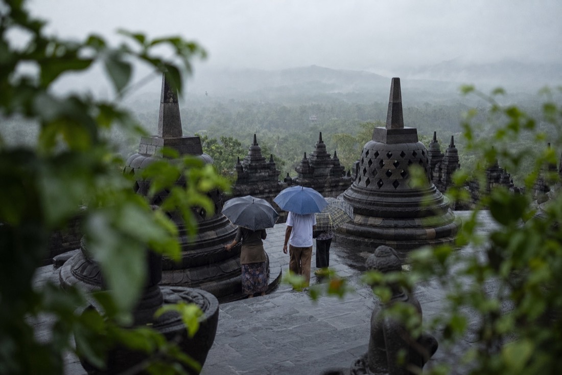 Rain on the stone terraces of Borobudur temple