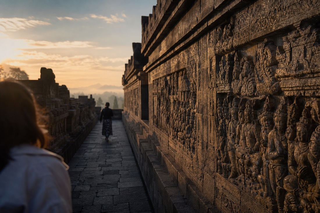 Bas-relief panels along a gallery corridor of Borobudur temple