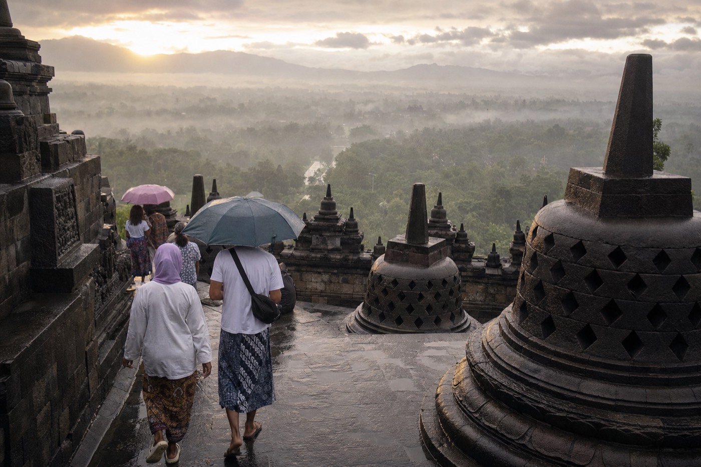 Rain on the stone terraces of Borobudur temple