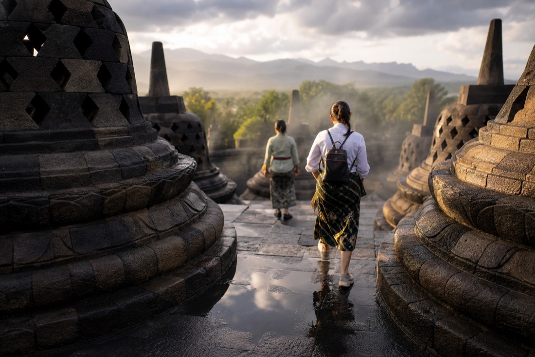 Steaming stone and puddle reflections after rain at Borobudur