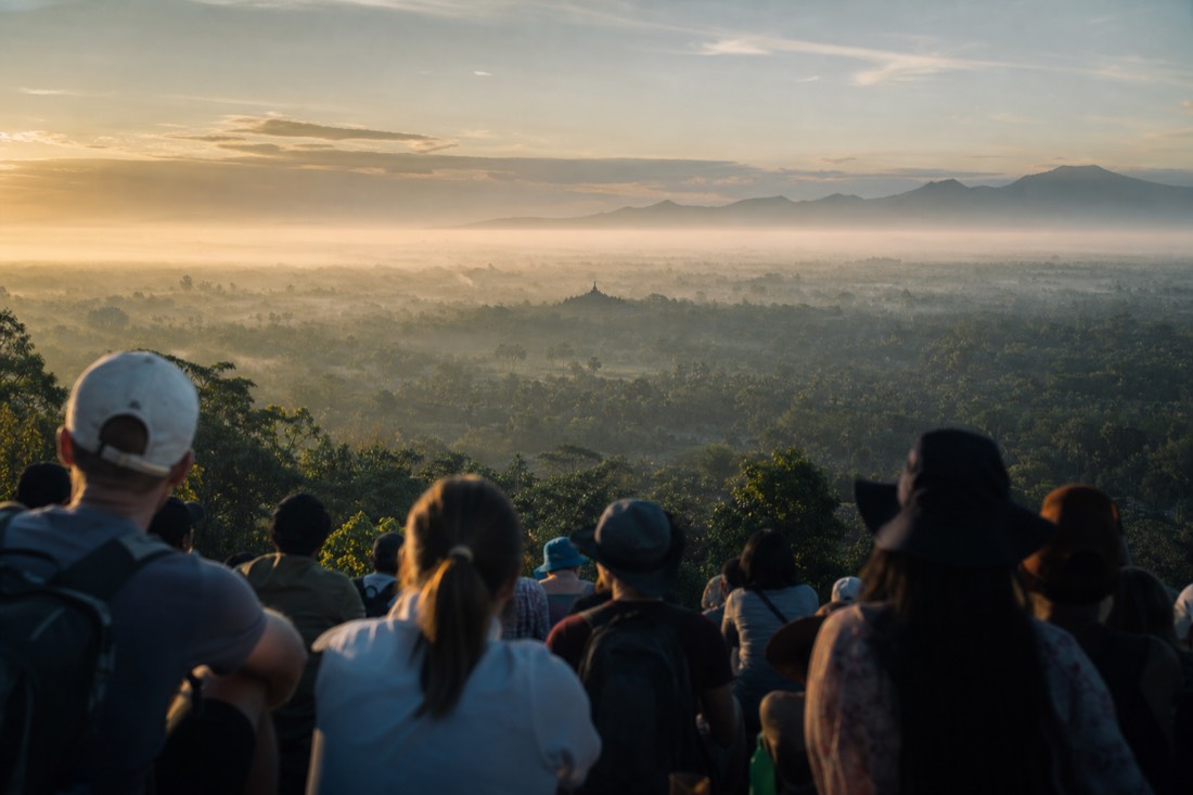Morning light burning off the mist around Borobudur, from Punthuk Setumbu