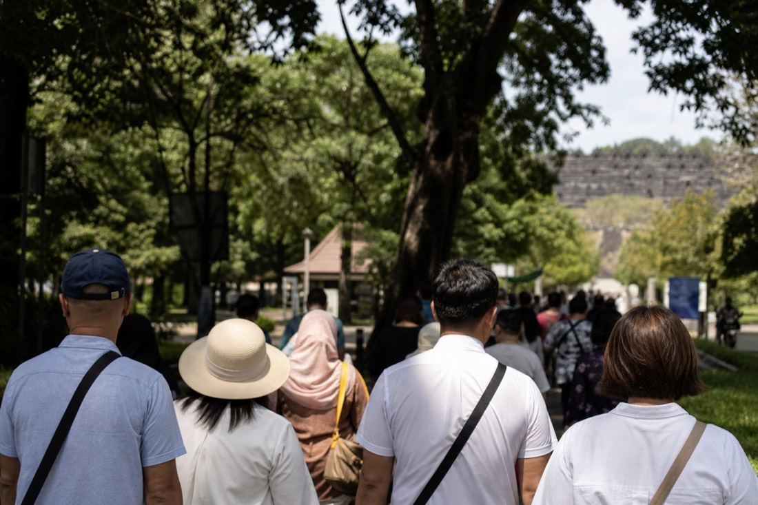 Visitors arriving at the Borobudur park entrance