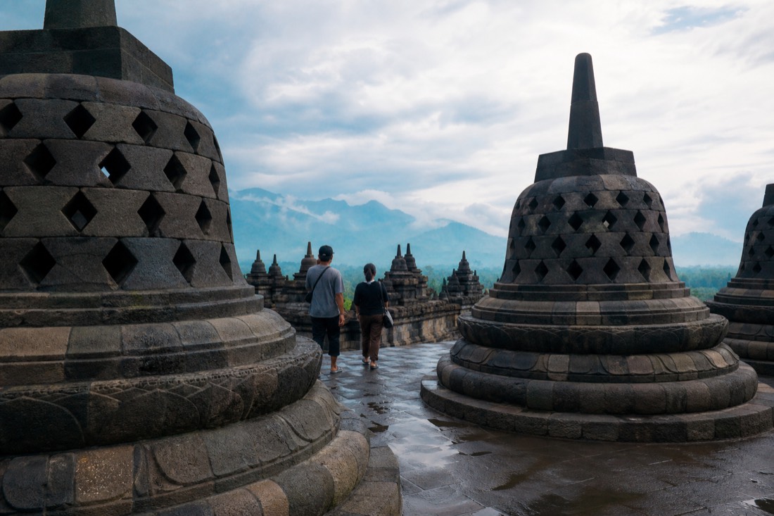 Latticed stupas on the upper terraces of Borobudur temple