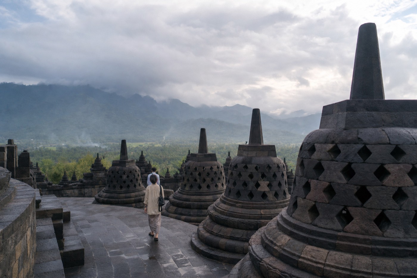 Latticed stupas on the upper terraces of Borobudur temple