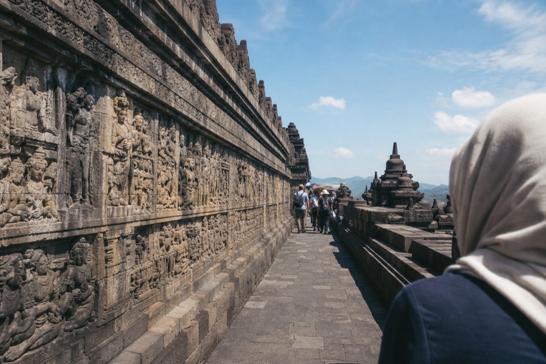 Bas-relief panels along a gallery corridor of Borobudur temple