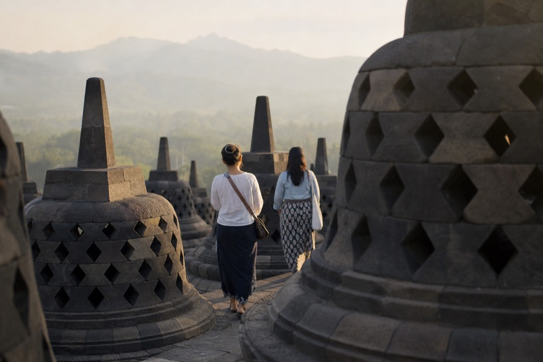 Latticed stupas on the upper terraces of Borobudur temple