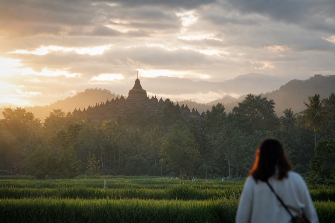 Borobudur temple rising over the Kedu Plain treeline