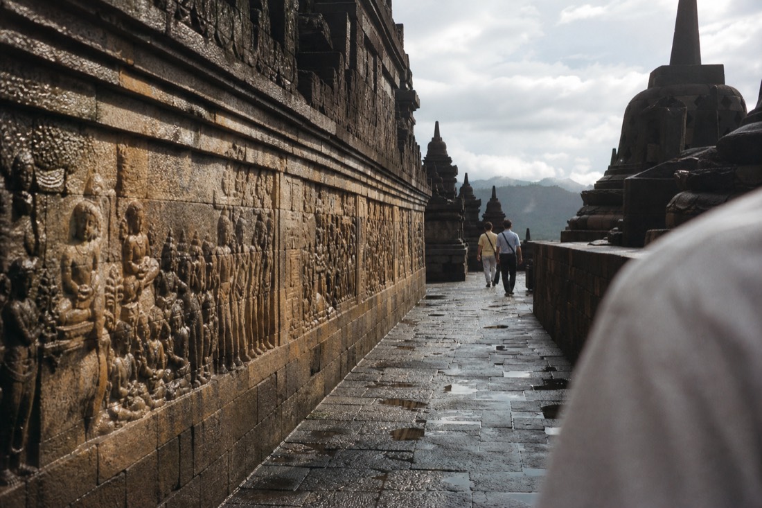 Bas-relief panels along a gallery corridor of Borobudur temple
