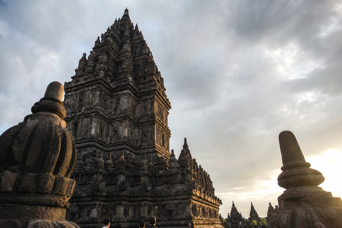Looking up a tower of Prambanan temple