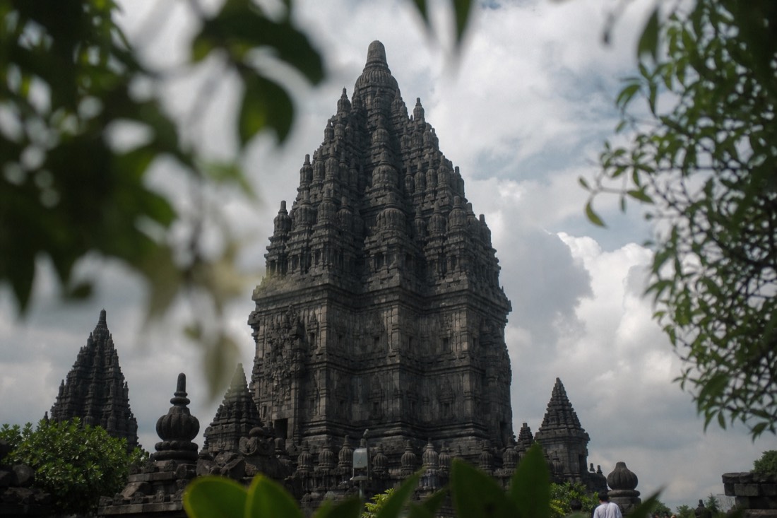 Looking up a tower of Prambanan temple
