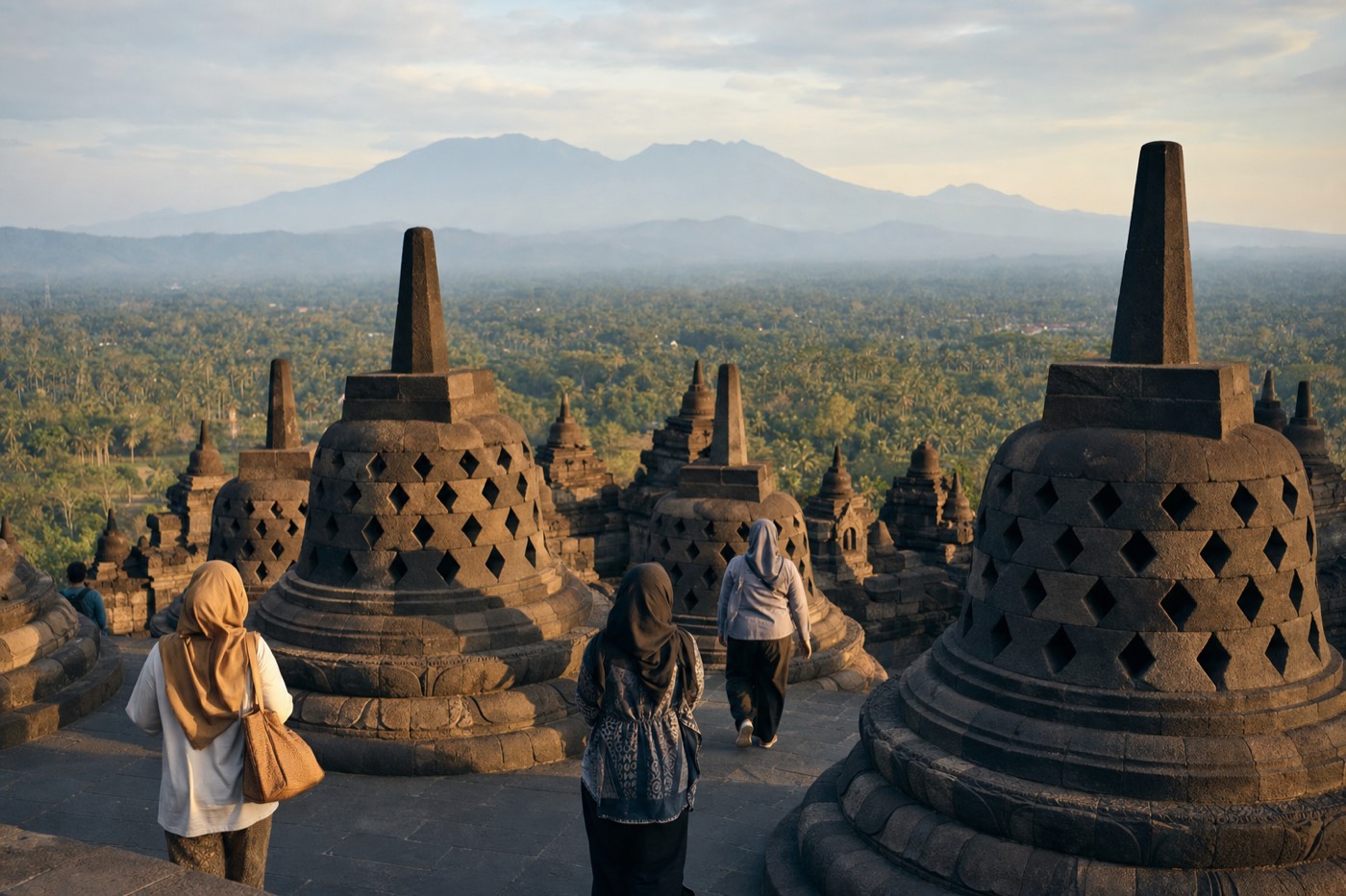 Latticed stupas on the upper terraces of Borobudur temple