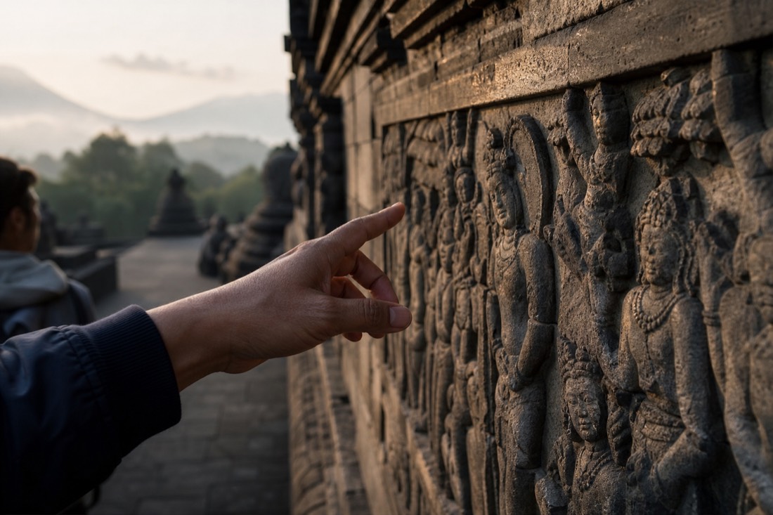 A guide pointing out figures on a Borobudur relief panel