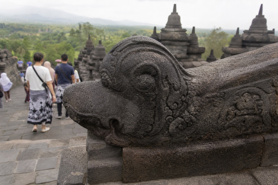 Carved makara balustrade on Borobudur temple